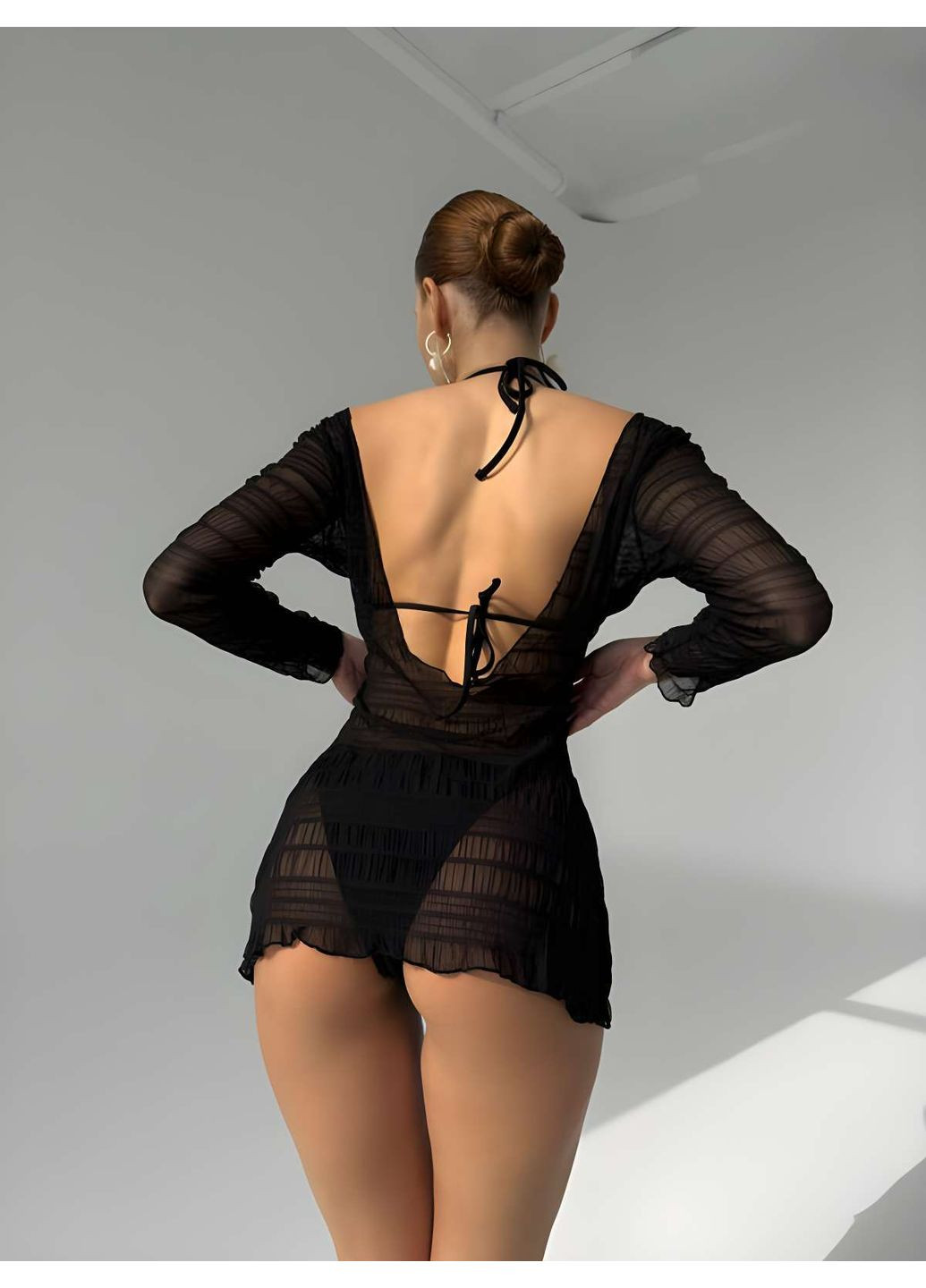 Черный летний женский летний пляжный раздельный купальник с полупрозрачным туником черным платьем. No Brand