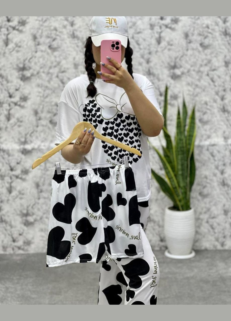 Белая всесезон стильная женская пижама 3 в 1 пижамный комплект с принтом love minni maus футболка шорты и брюки футболка + шорты + брюки No Brand Піжама