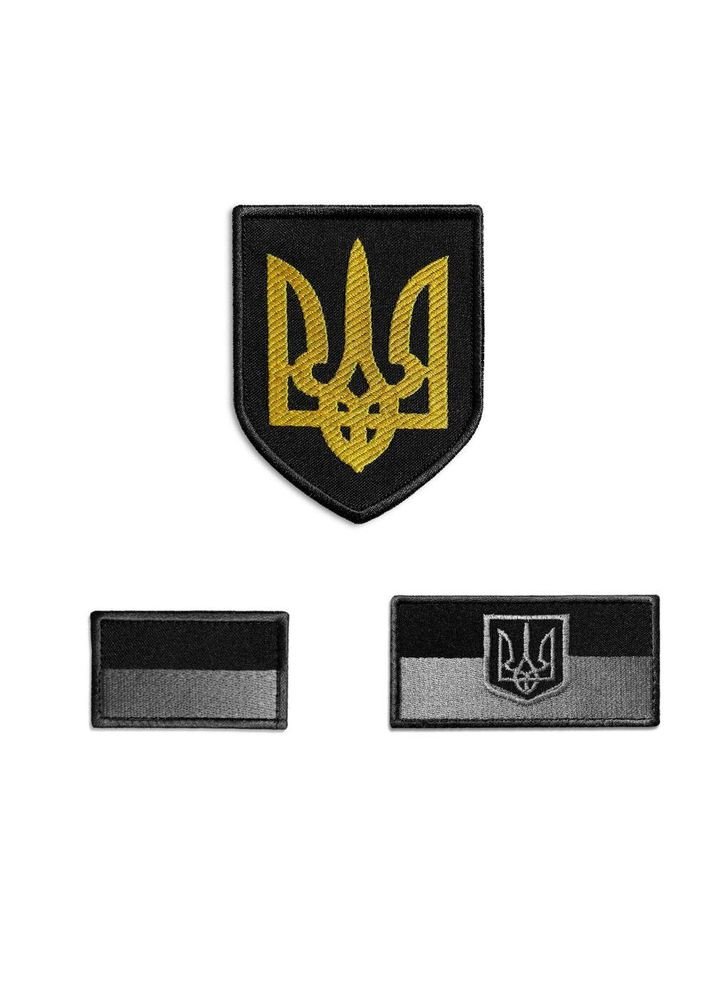 Набір шевронів 3 шт на липучці Патріотичний 3 шт Прапор та Герб України чорний вишитий патч нашивка IDEIA (306458941)