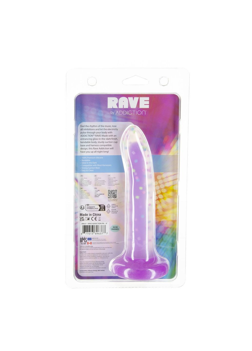 Светящийся в темноте фаллоимитатор Rave 8″, Glow in the Dark Dildo Purple Confetti, 20,3 см ADDICTION (315049795)