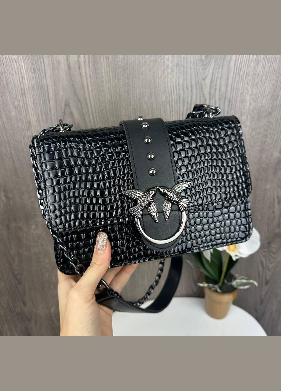 Жіноча міні сумочка рептилія лакова на ланцюжку з 3 відділеннями чорна (sku_836-3) No Brand (330576228)