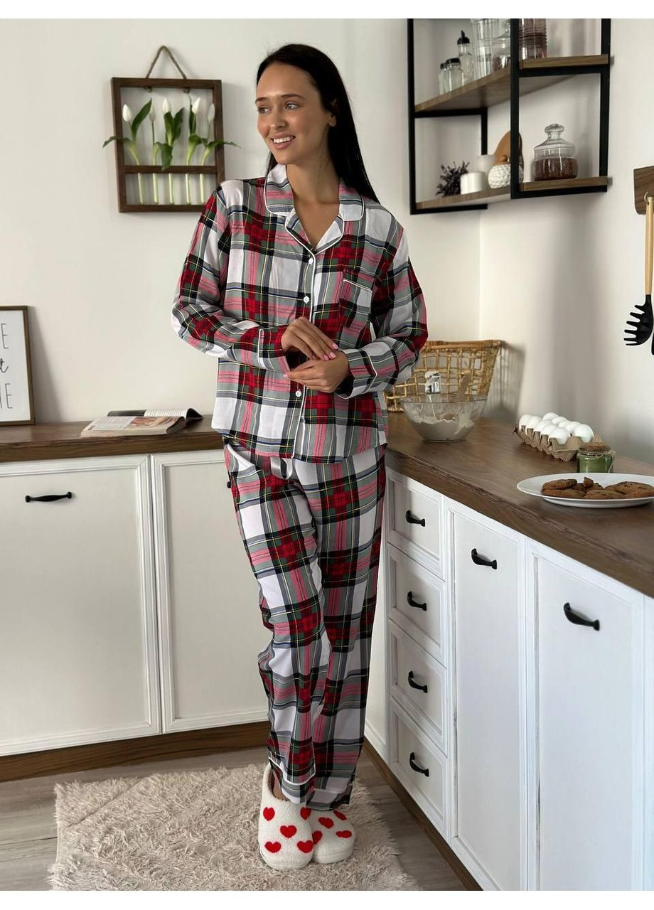 Комбінована жіноча піжама з віскози у клітинку / жіноча піжама віскозна з довгим рукавом / жіноча піжама у клітинку з віскозної тканини No Brand