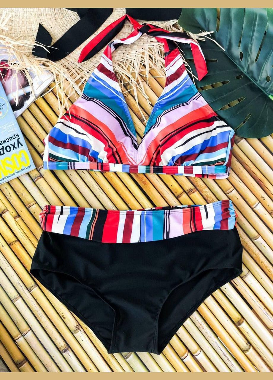 Чорний літній купальник sw1194 (смугасто-кольоровий) роздільний Ghazel