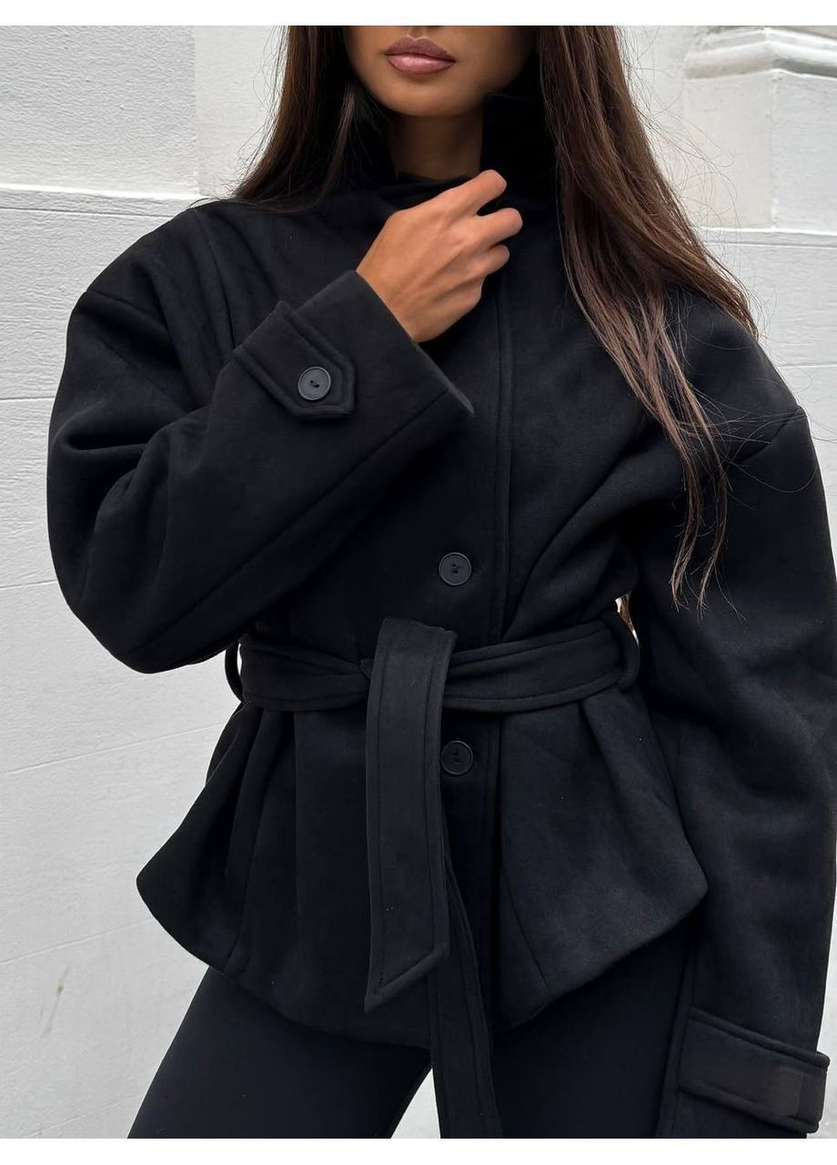 Чорне демісезонне Кашемірове пальто-жакет з поясом MonCher