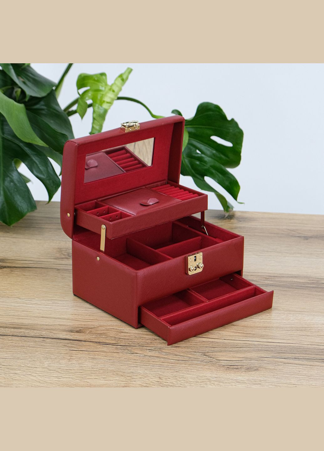 Ящик для украшений на три уровня красная экокожа 22*16.5*13 см (YHF-045-02) Гранд Презент (322190848)