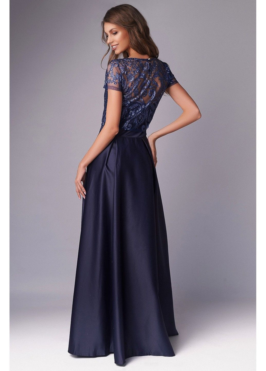 Темно-синее вечернее платье атлас глиттер 20020 синее Tanita-Romario
