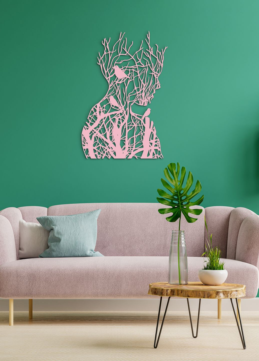 Настінний декор для дому, картина лофт "Мереживо дівчина з птахами", декоративне панно 95х65 см Woodyard (292114013)