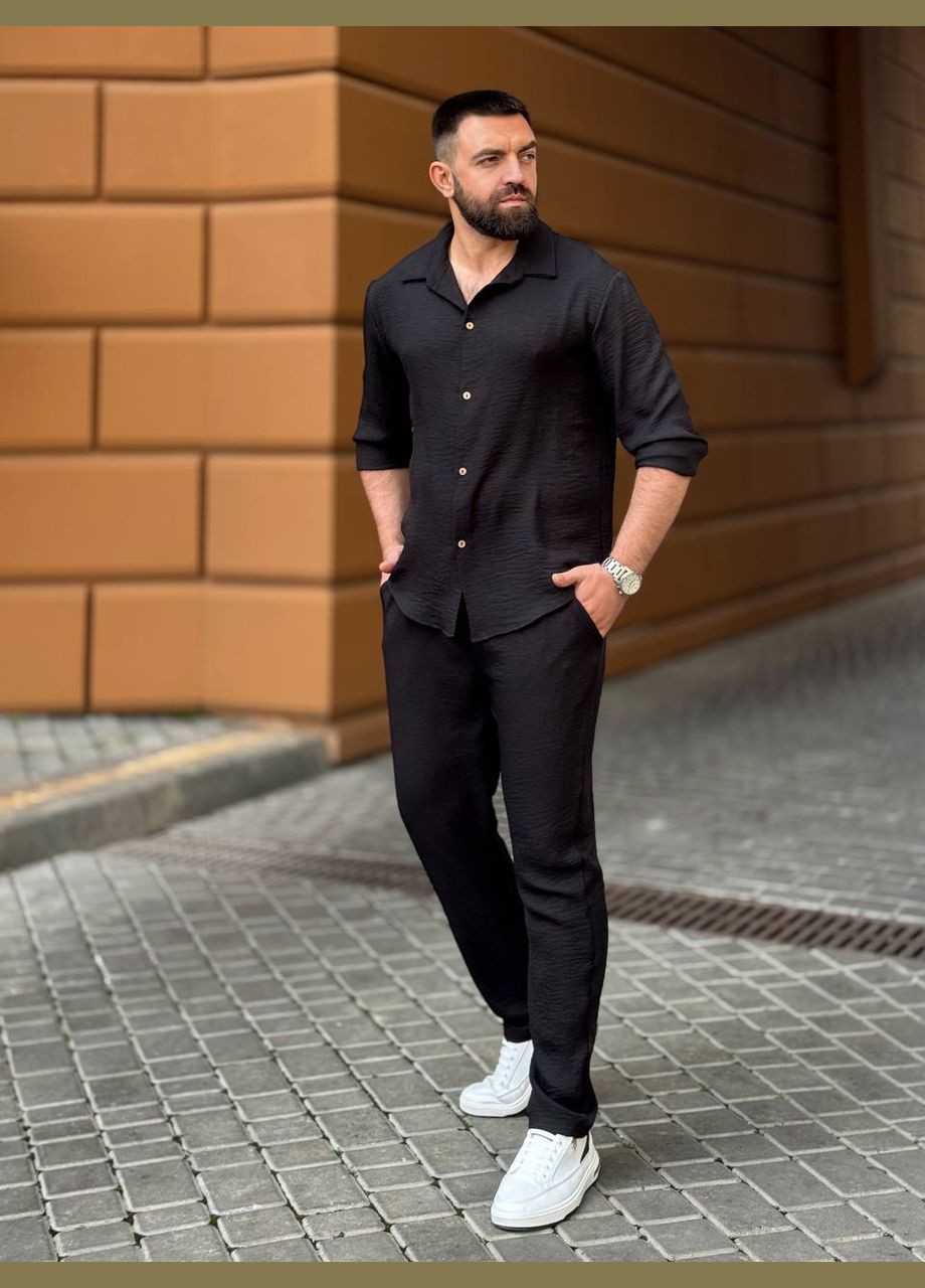 Чорний костюм жатий льон туреччина штани та сорочка No Brand