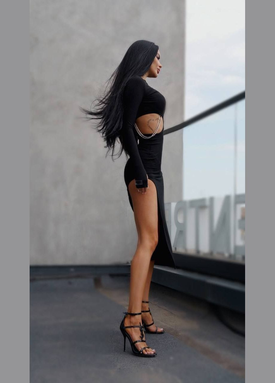 Чорна відвертий, вечірня жіноча сукня максі з вирізом на ніжці силуетна Avanti однотонна