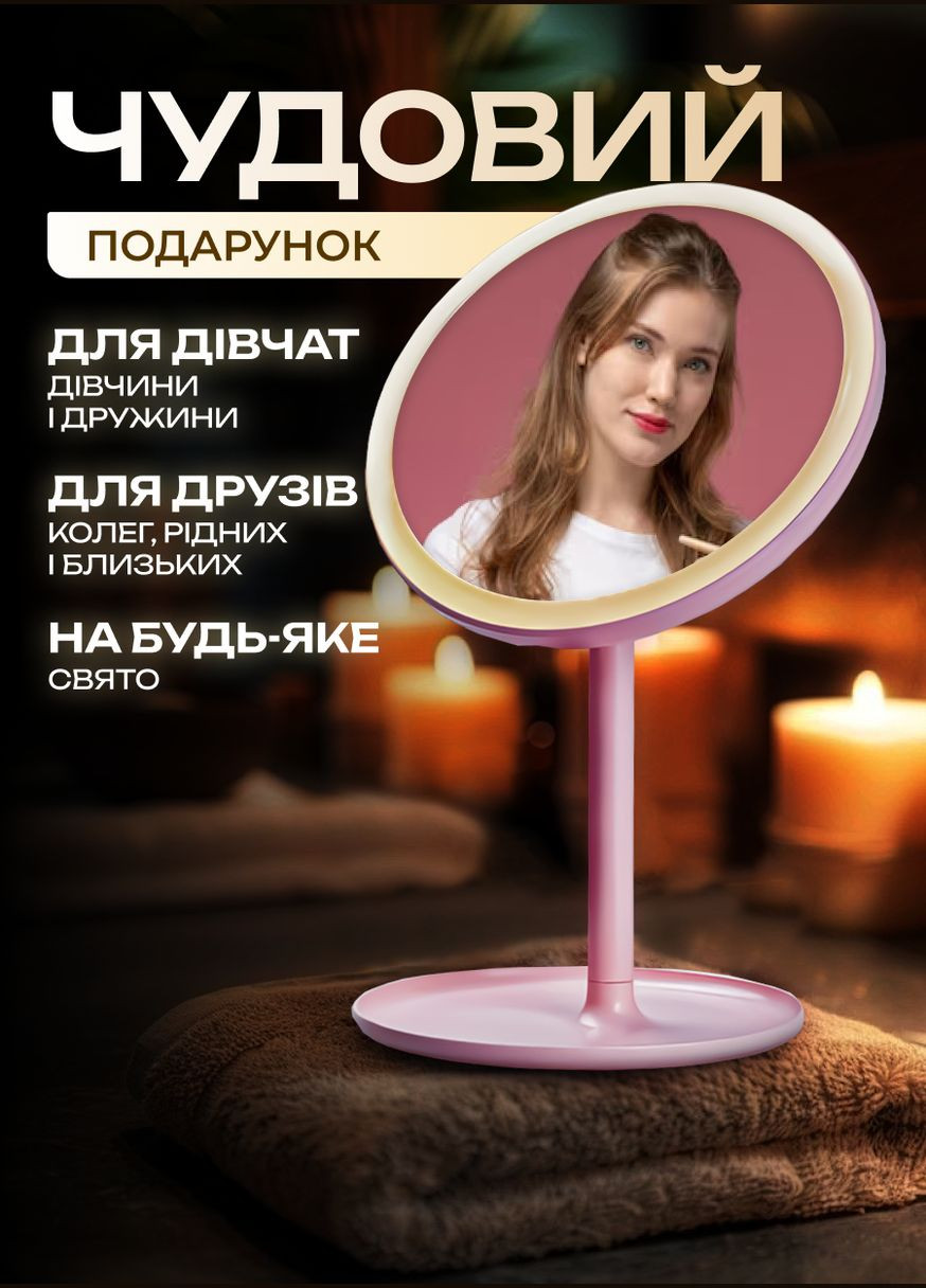 Косметическое зеркало с LED-подсветкой и увеличением розовое HP072TD020P Happy Life (336191465)