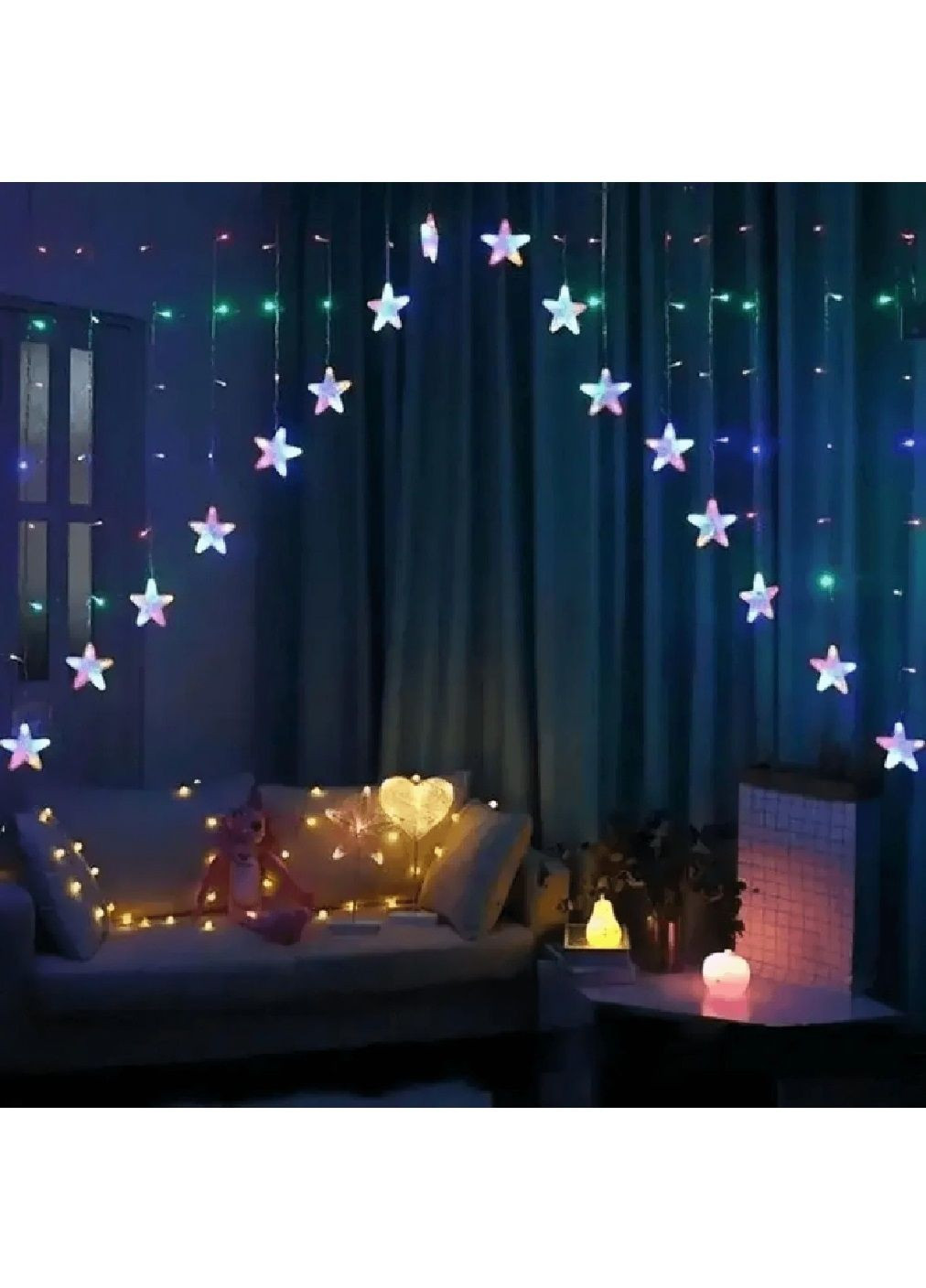 Светодиодная комнатная гирлянда занавес с питанием от сети насадками звездочками 3х1 м 136 LED (478663-Prob) Разноцветная Unbranded (308112307)