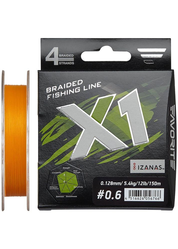 Шнур X1 PE 4x 150м (orange) #0.6/0.128mm 12lb/5.4kg 1693.11.18 Favorite (316518329)
