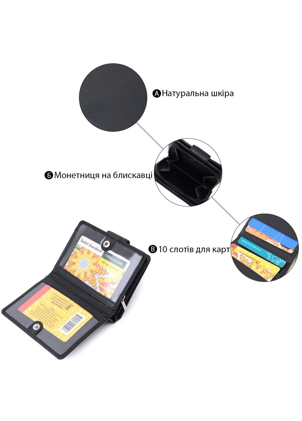 Жіночий гаманець з монетницею та блоком для пропусків із натуральної шкіри 22713 Чорний st leather (297993000)