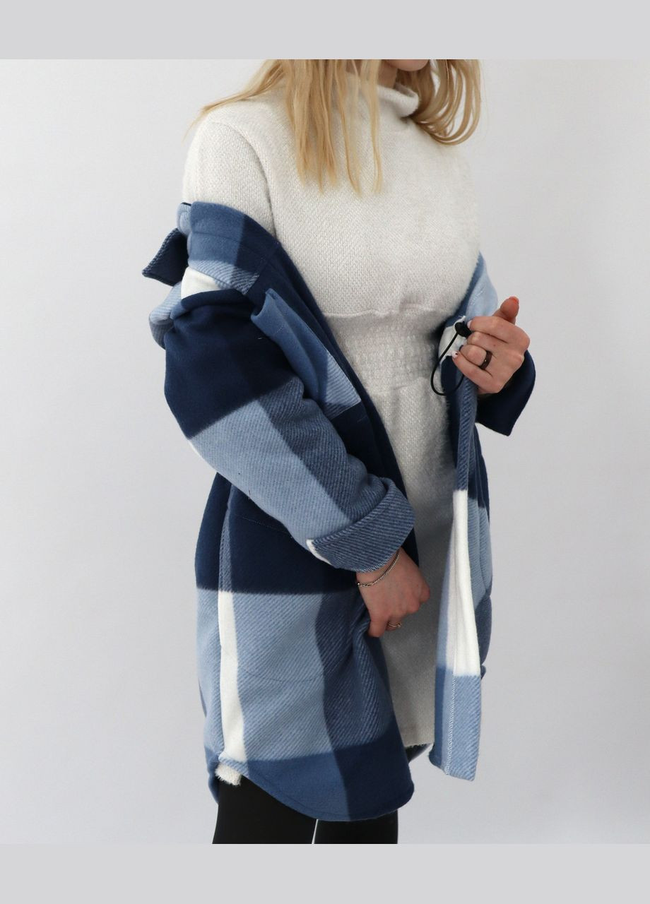 Тепла жіноча флісова сорочка-пальто в синю карту з капюшоном No Brand (328069486)