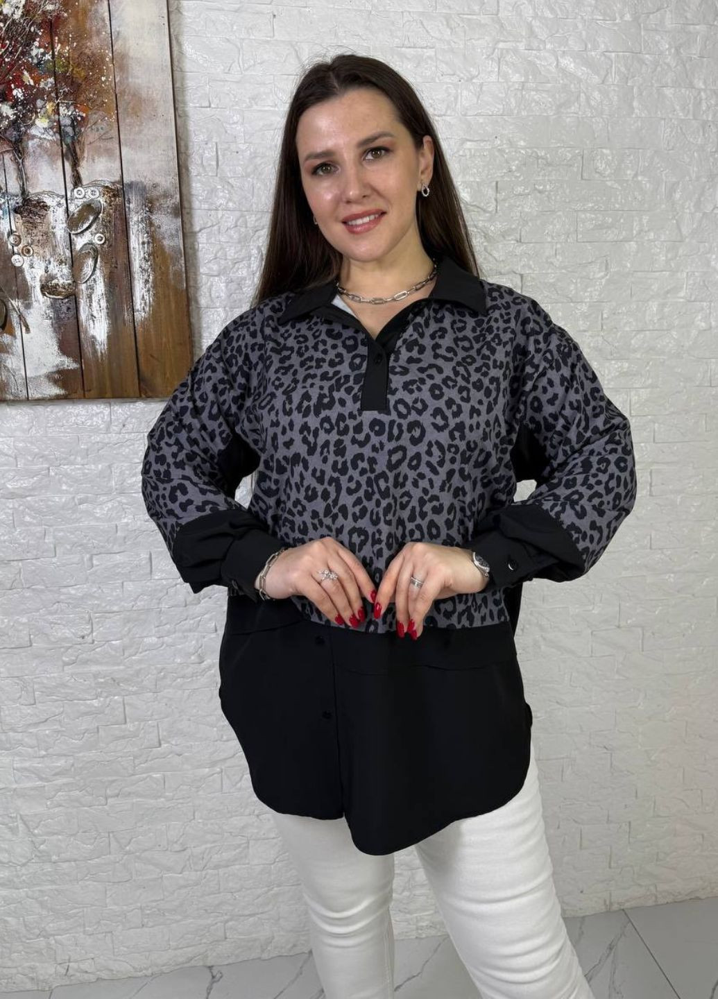 Черная повседневный рубашка леопардовый Україна с длинным рукавом