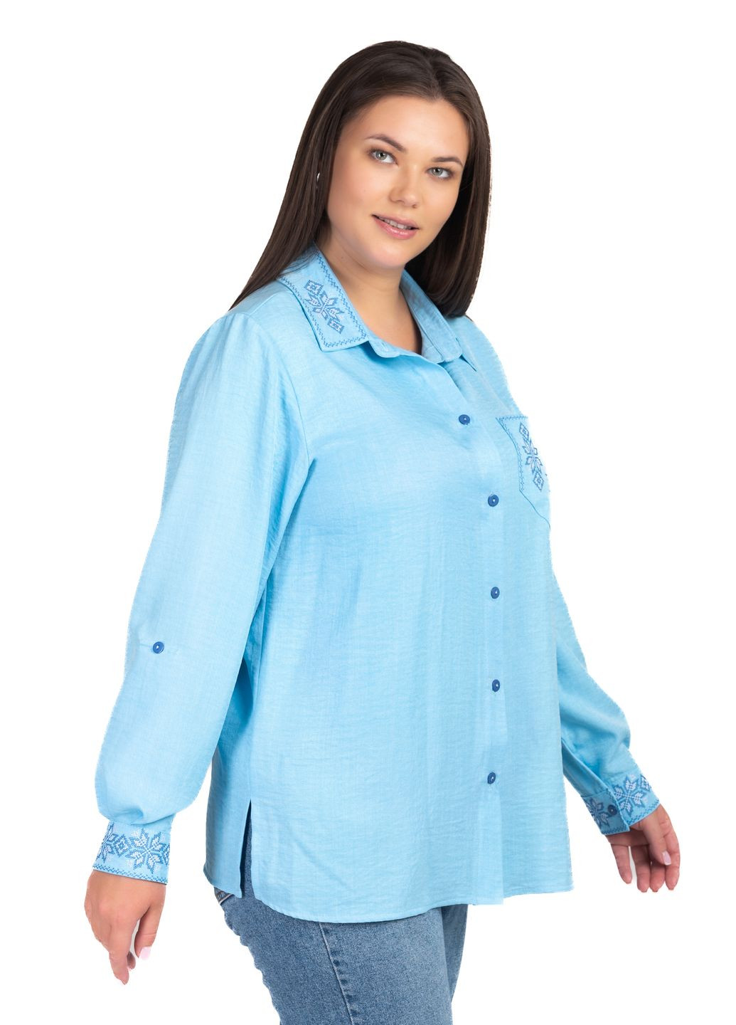 Голубая женская рубашка с вышивкой орнамент (голубой) Golfstream свободная полиэстер, лен, эластан (349462115)