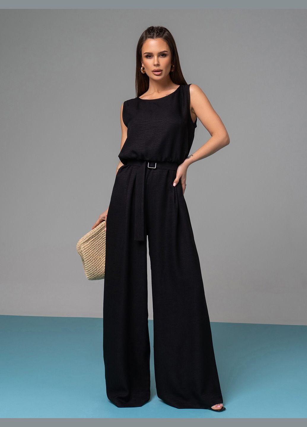 Стильный комбинезон из текстурированного льна No Brand комбинезон-брюки чёрный праздничный, коктейльный, деловой, повседневный, кэжуал, вечерний лен