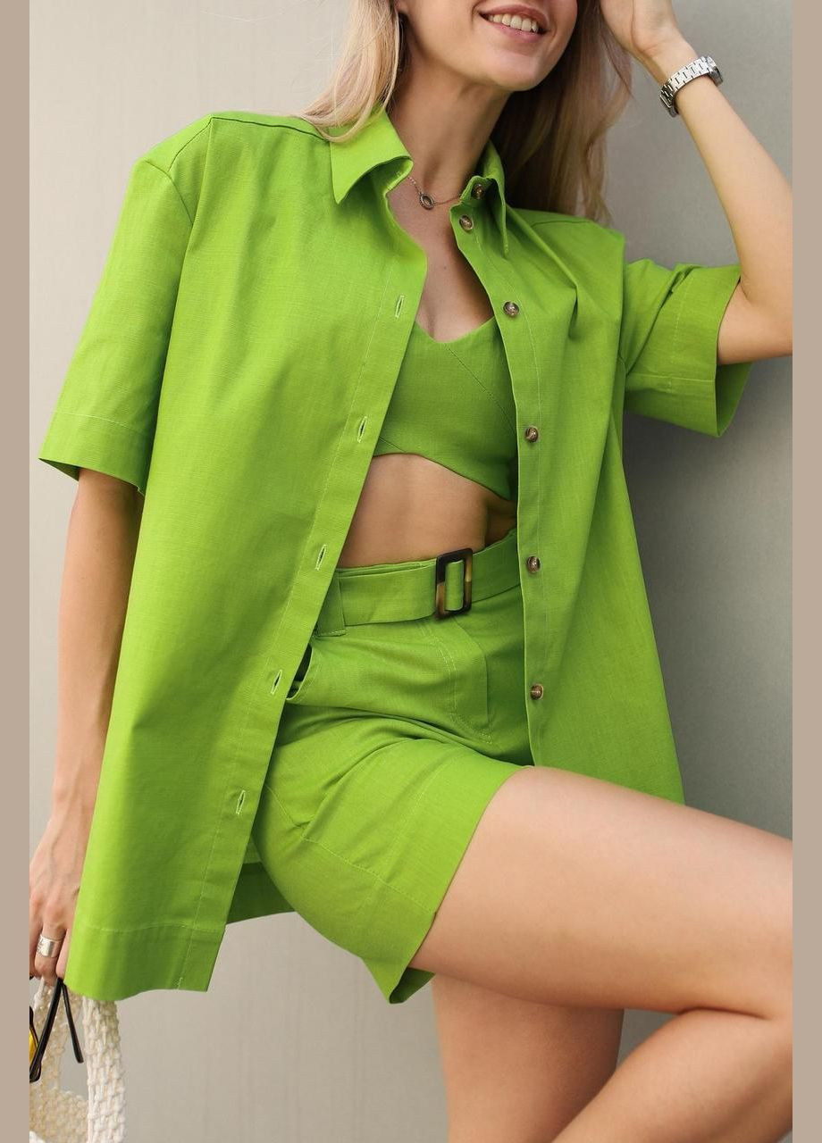 Женский комплект (рубашка, топ, шторты), трэндовый летний лляной костюм, подойдет для встреч и прогулки Intruder (347579775)