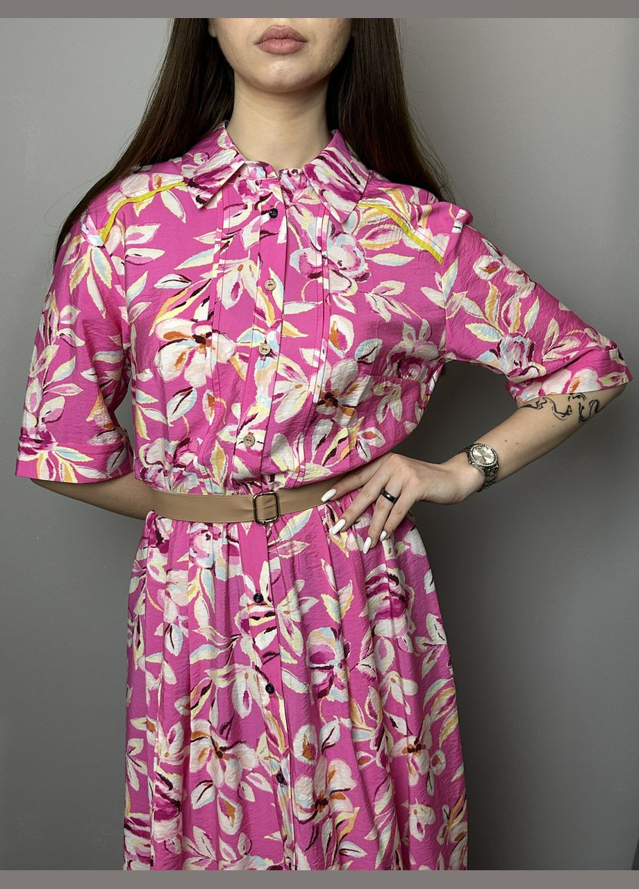 Розовое платье женское летнее коттоновое розовое в цветочный принт софия mkpr140724-1 Modna KAZKA