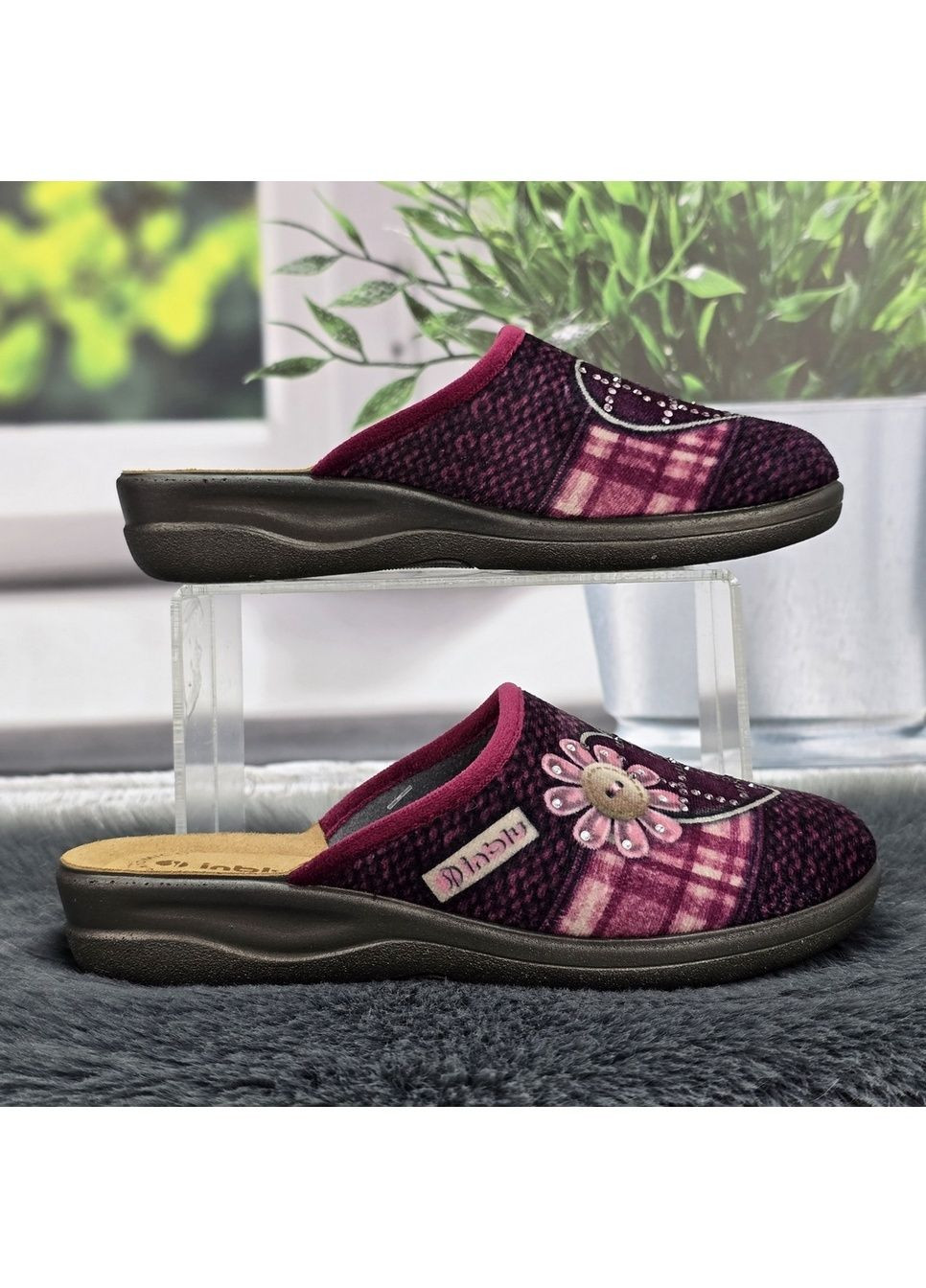 Тапочки жіночі для дому сливові велюрові зі шкіряною устілкою на танкетці Inblu (366144489)