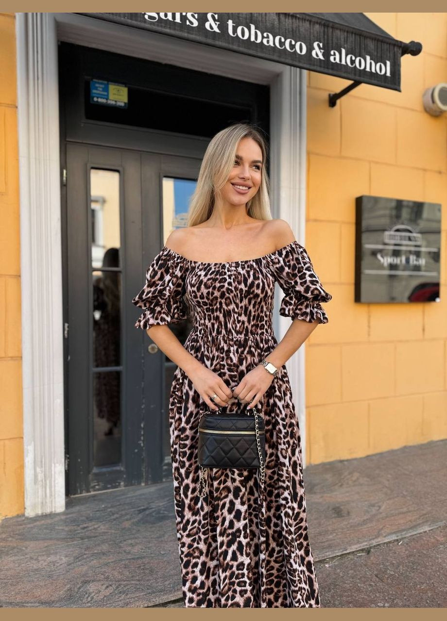 Коричневое повседневный, праздничный женское длинное летнее платье с разрезом а-силуэт Україна леопардовый