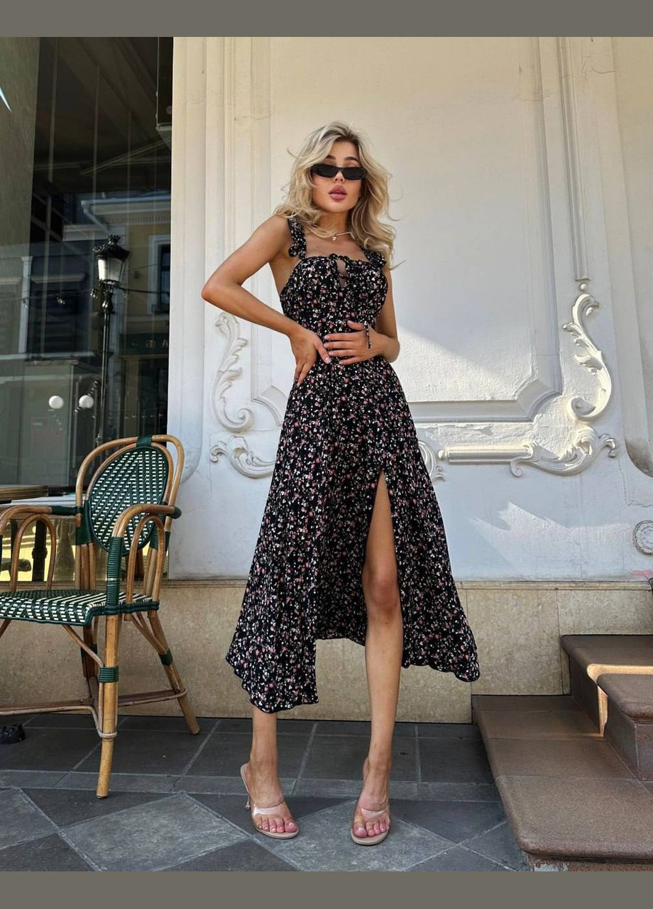 Черное праздничный, повседневный, кэжуал женское платье FINO Mode с цветочным принтом