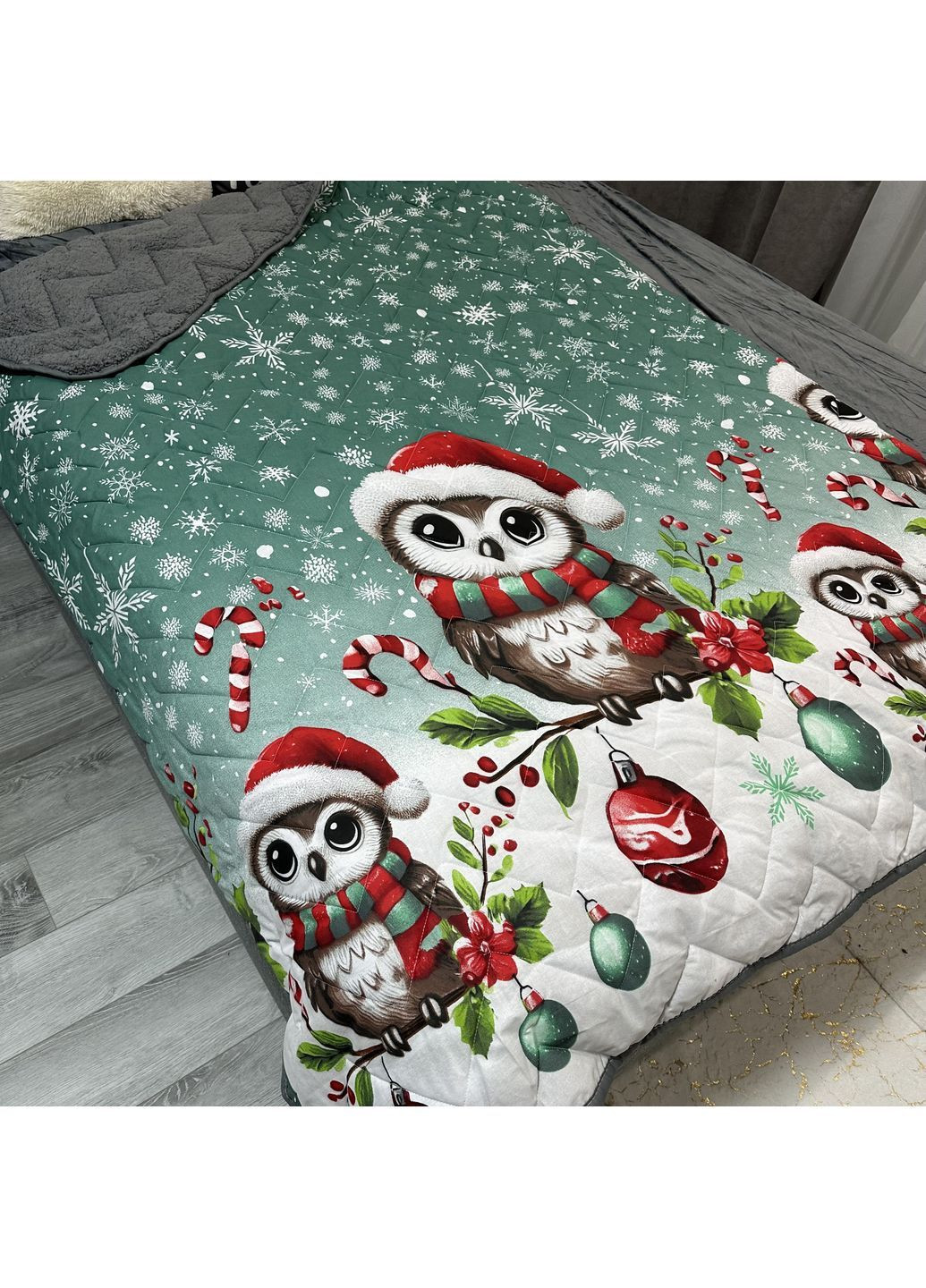 Детское покрывало-одеяло "Sweet Dreams" (Коттон + Teddy Fur). 150х210 см зеленого цвета с рисунком "Совы на снегу" No Brand (366561134)