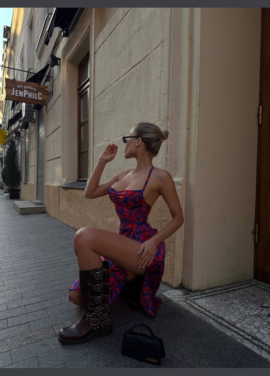 Синее праздничный, коктейльное, откровенный, повседневный, кэжуал, джинсовое, вечернее шелковое платье с разрезом Україна с цветочным принтом