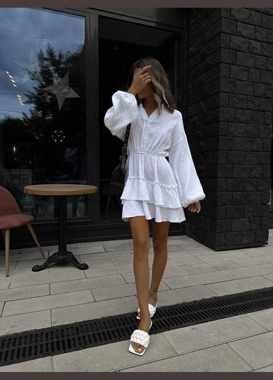 Білий повсякденний жіноче муслінове плаття з рюшами кльош Україна однотонна