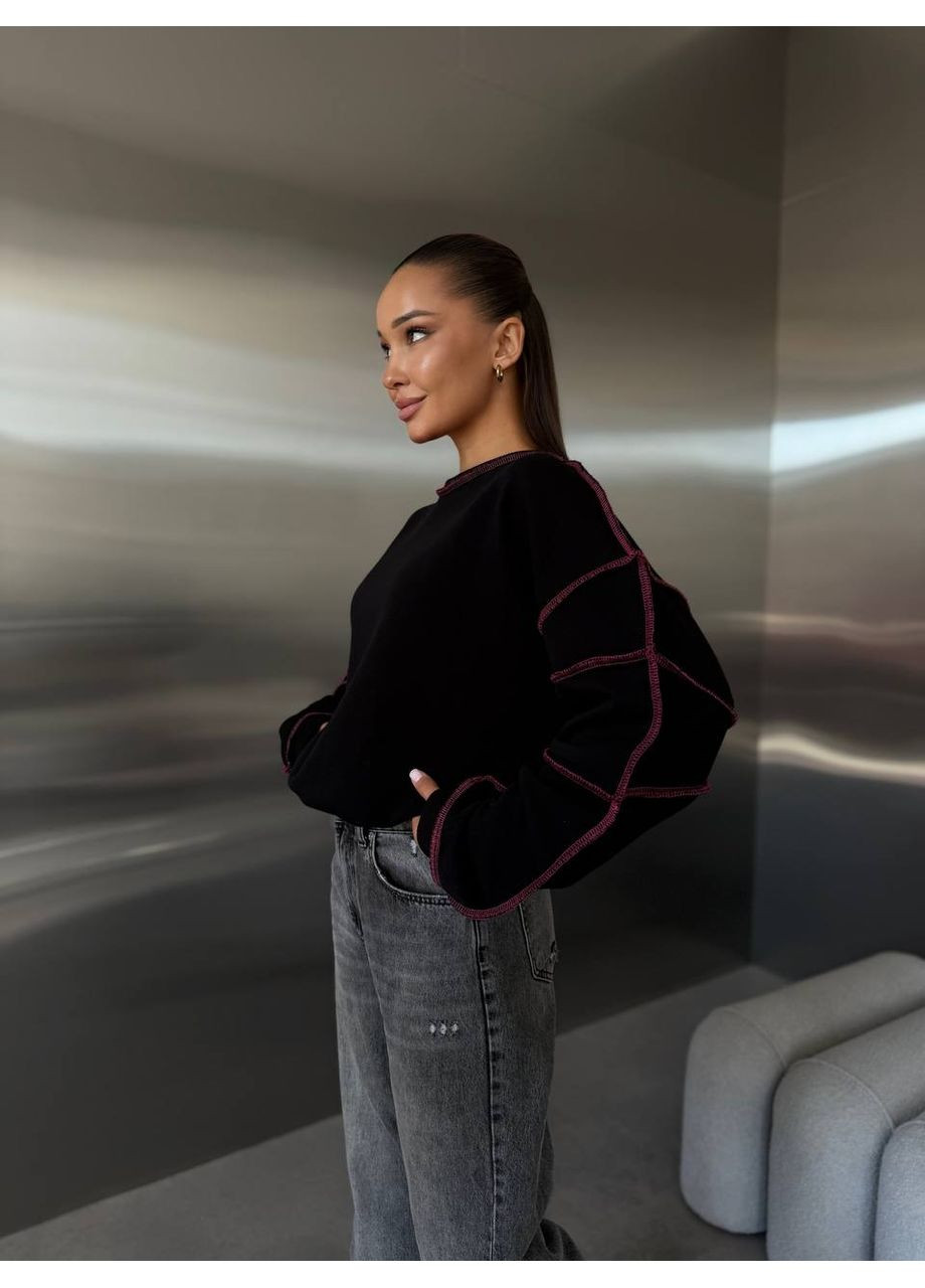 Черный свитшот женский с контрастными швами — замер в описание DK/DL Мода без кордонів однотонный без декора (366527048)