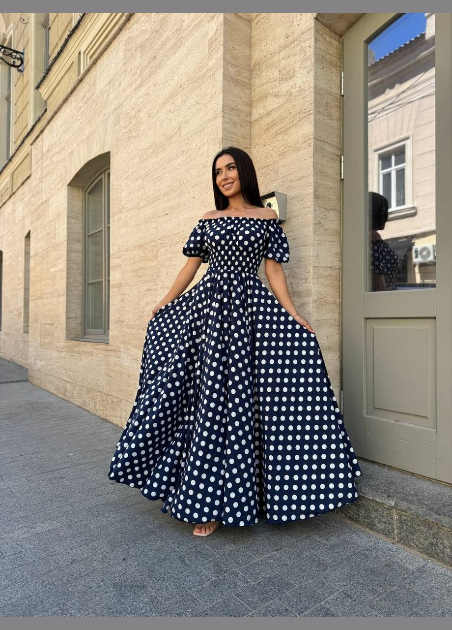 Темно-синя повсякденний, вечірня, кежуал жіноча сукня з відкритими плечима Style Point з квітковим принтом