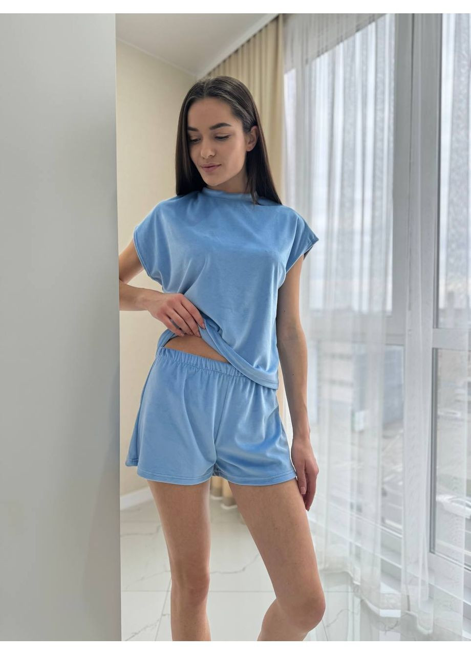 Голубая всесезон пижама женская велюровая футболка и шорты, плюшевая пижама из велюра футболка + шорты No Brand Піжама