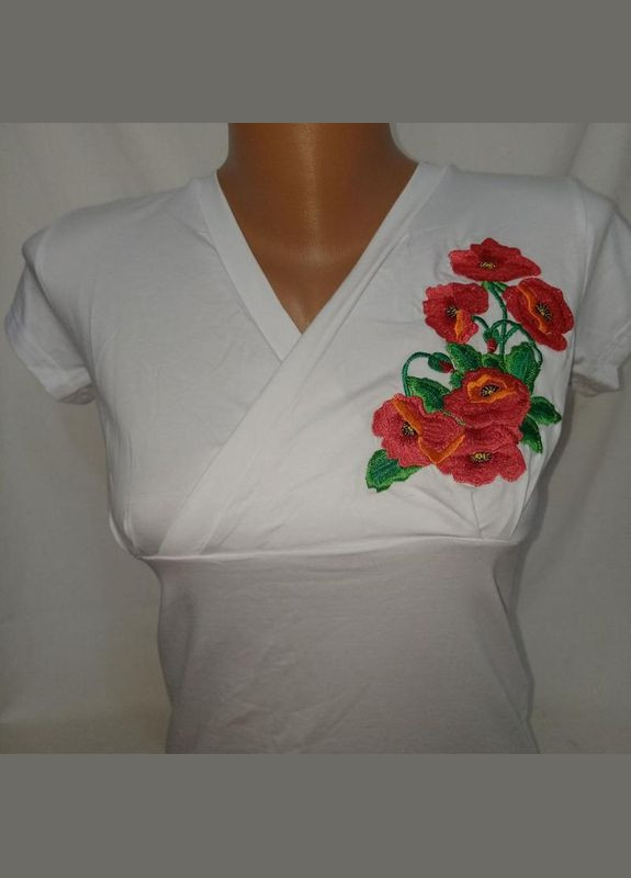 Біла жіноча футболка з вишивкою маки-s + подарунок No Brand - (342384832)