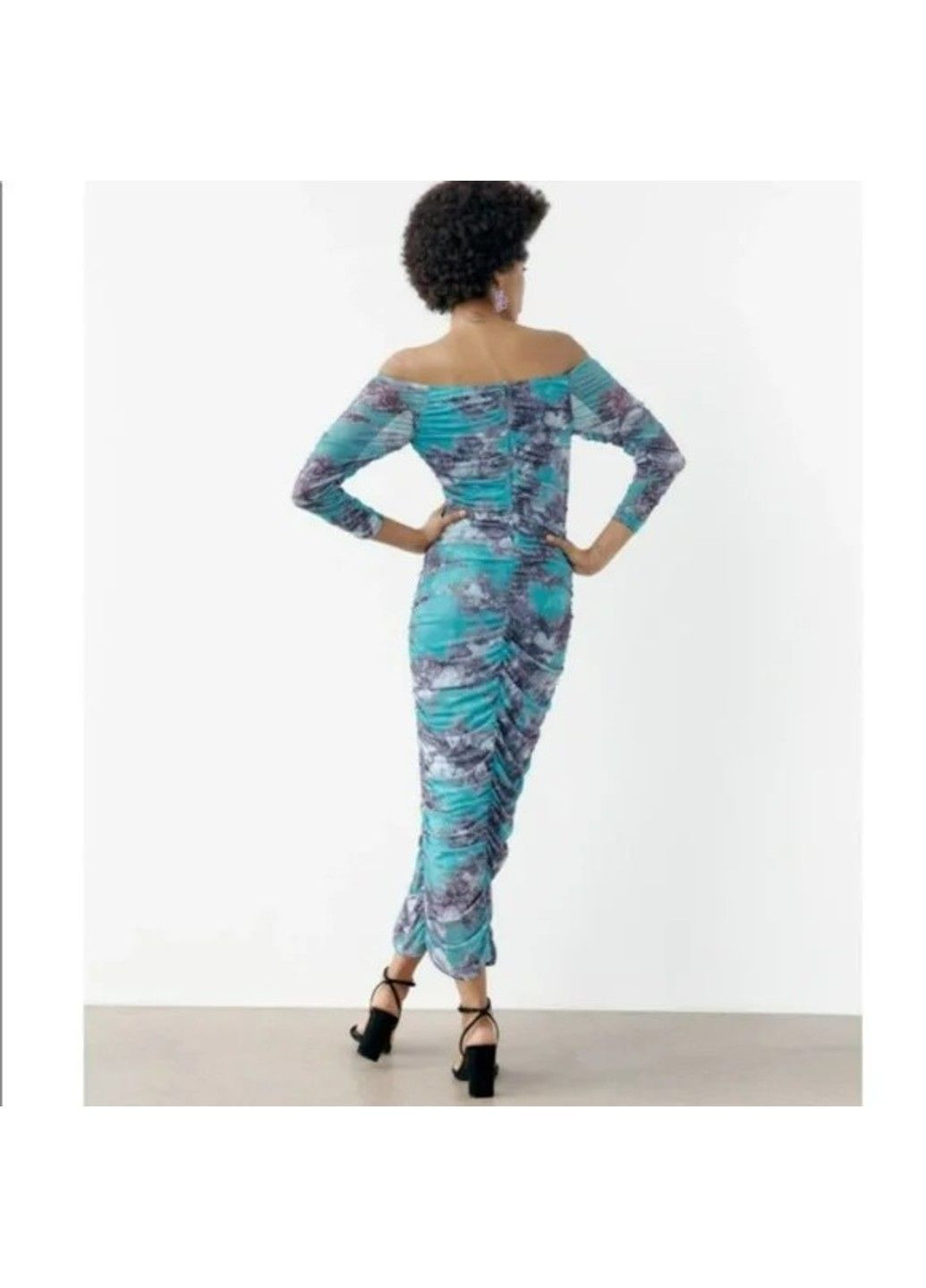 Бірюзова сукня жіноча off shoulder draped ruched tulle bodycon maxi dress Zara