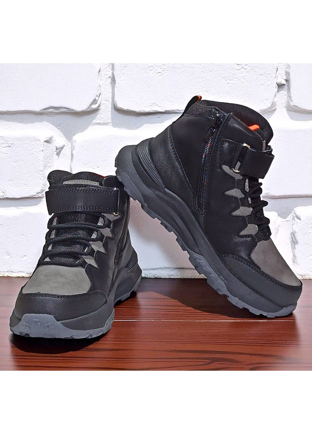 Черные спортивные, повседневные, кэжуал осенние утепленные демисезонные подростковые ботинки хайтопы на липучке для мальчика подростка на флисе Clibee