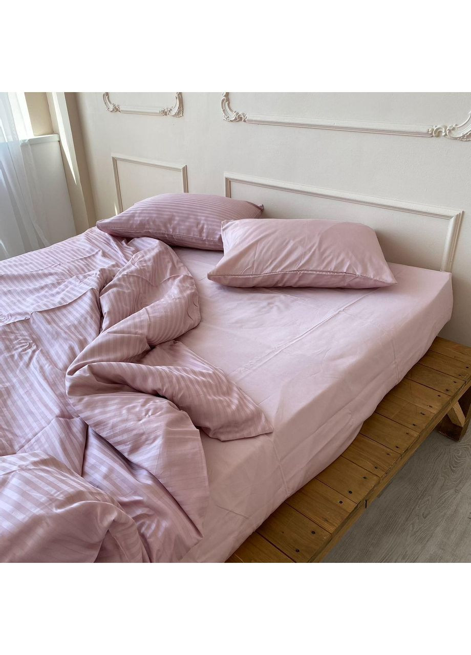 Постільна білизна Пудра страйп + однотонний сатин PREMIUM Полуторний розмір, наволочки 50/70 No Brand (364217678)