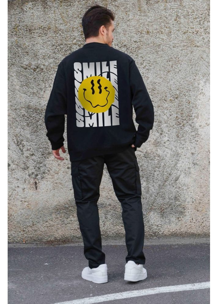 Черный утепленный оверсайз свитшот на флисе с принтом smile black Without (362441434)