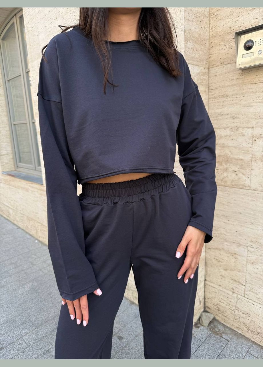 Жіночий літній костюм кроп-світшот+штани графітовий No Brand (346085279)