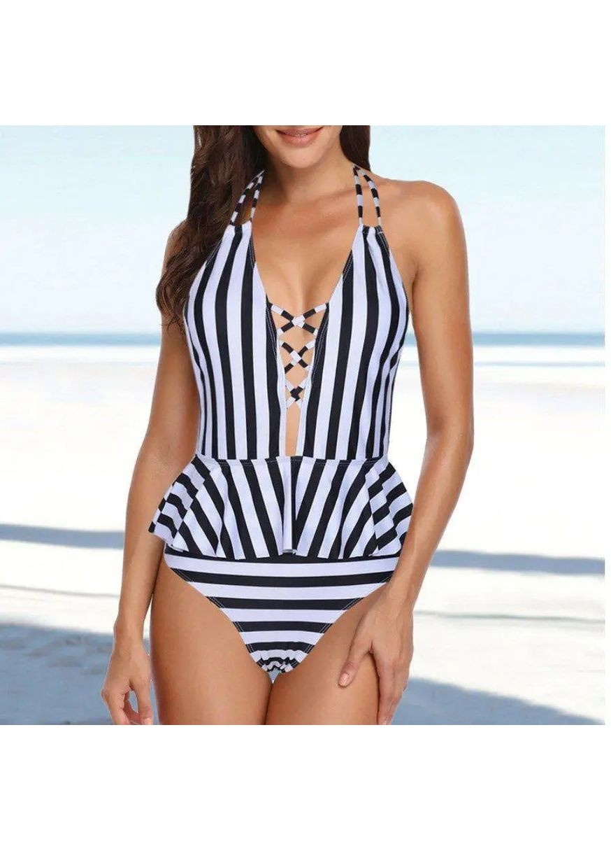 Чорно-білий демісезонний купальник суцільний з відкритою спинкою з зав’язками на шиї монохром, жіночий купальник з принтом смужки, сучасний образ суцільний, пландж No Brand купальник з принтом смужки чорний з білим