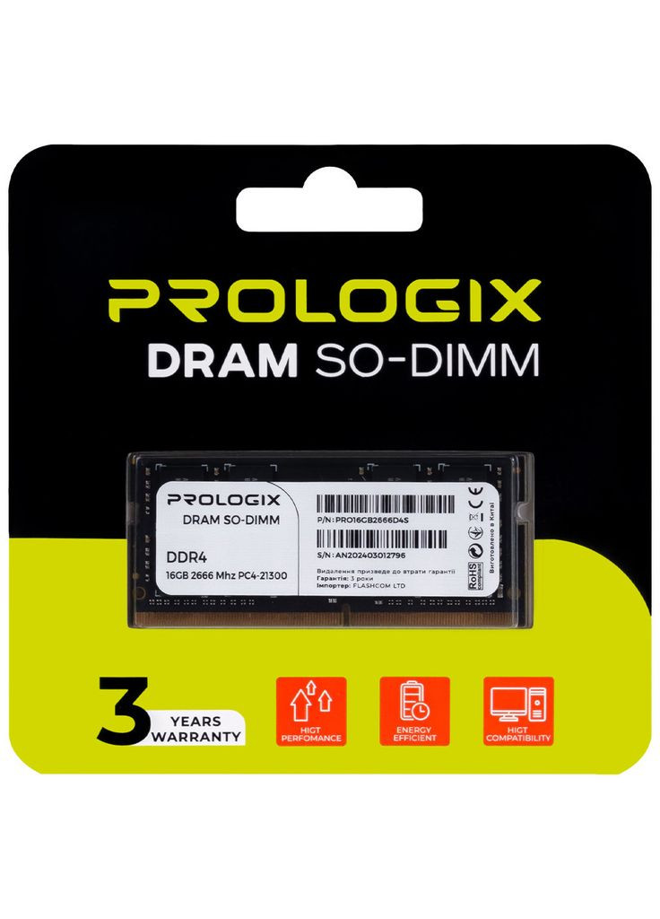 Модуль пам'яті для ноутбука SoDIMM DDR4 16GB 2666 MHz (PRO16GB2666D4S) Prologix (304255592)