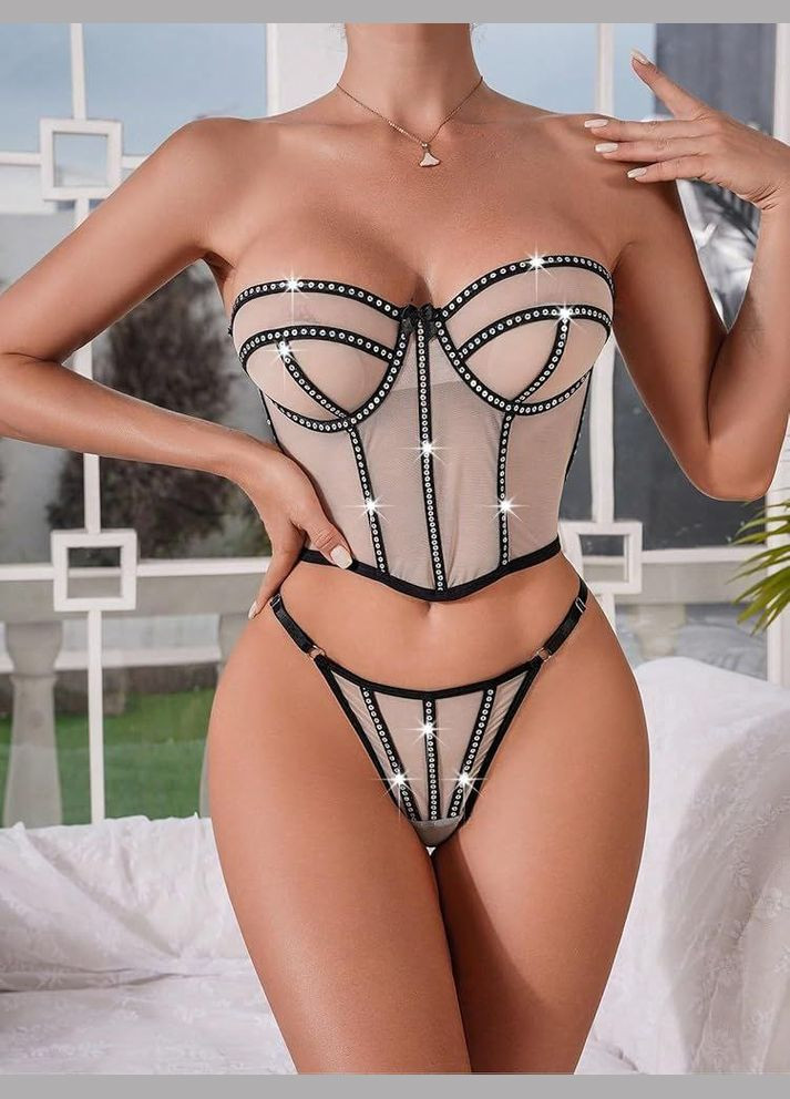 Бежевый демисезонный комплект женского белья с пайетками набор из топ-бюстье трусики No Brand Комплект нижньої білизни Rianna