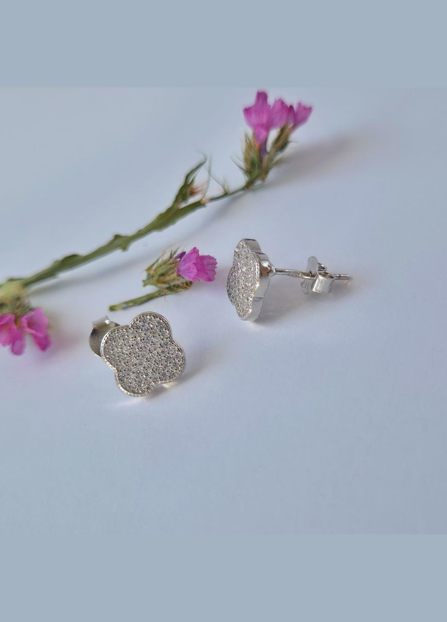 Серебряные серьги серёжки гвоздики на фиксаторах Цветок Клевер в камнях серебро 925 пробы Родированное с/1064 No Brand (306741349)