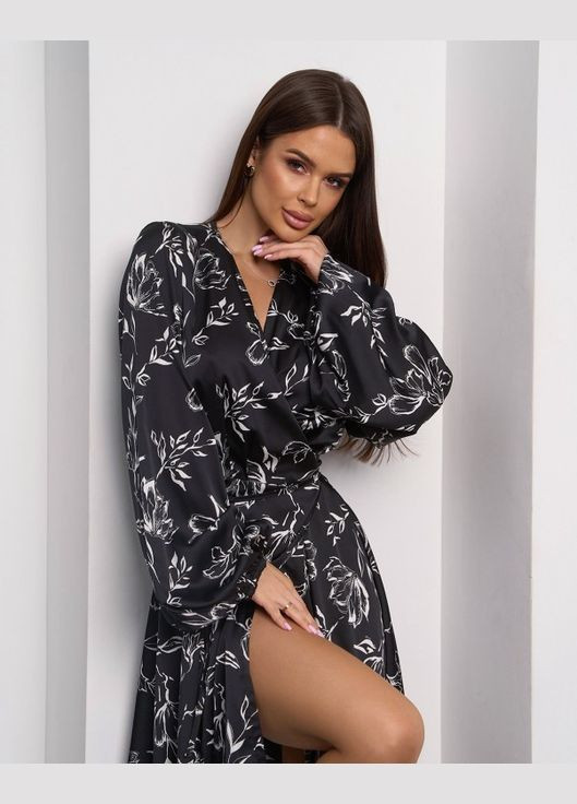 Черное повседневный платья с открытыми плечами ISSA PLUS с цветочным принтом