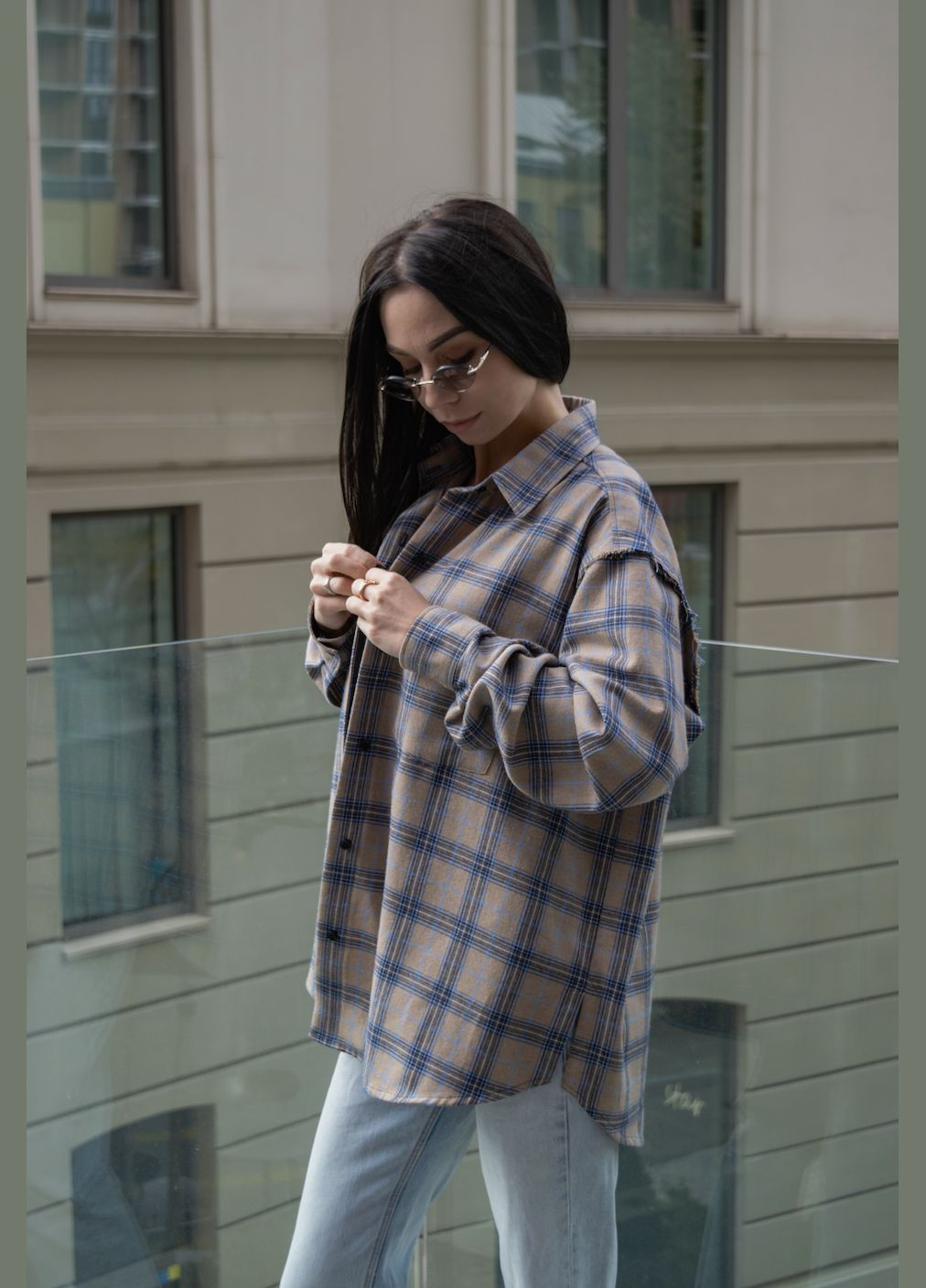 Темно-бежевая спортивная, повседневный, кэжуал рубашка в клетку Marzo Atelier с длинным рукавом