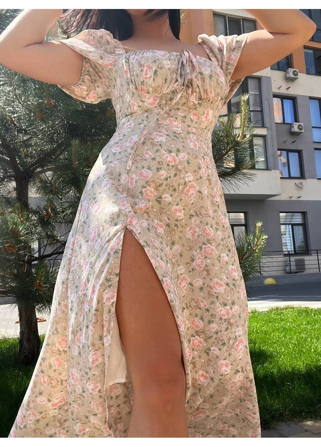 Рожева сукня жіноча літня a-n 2669 квітковий принт розріз шнурок на грудях довге No Brand з квітковим принтом