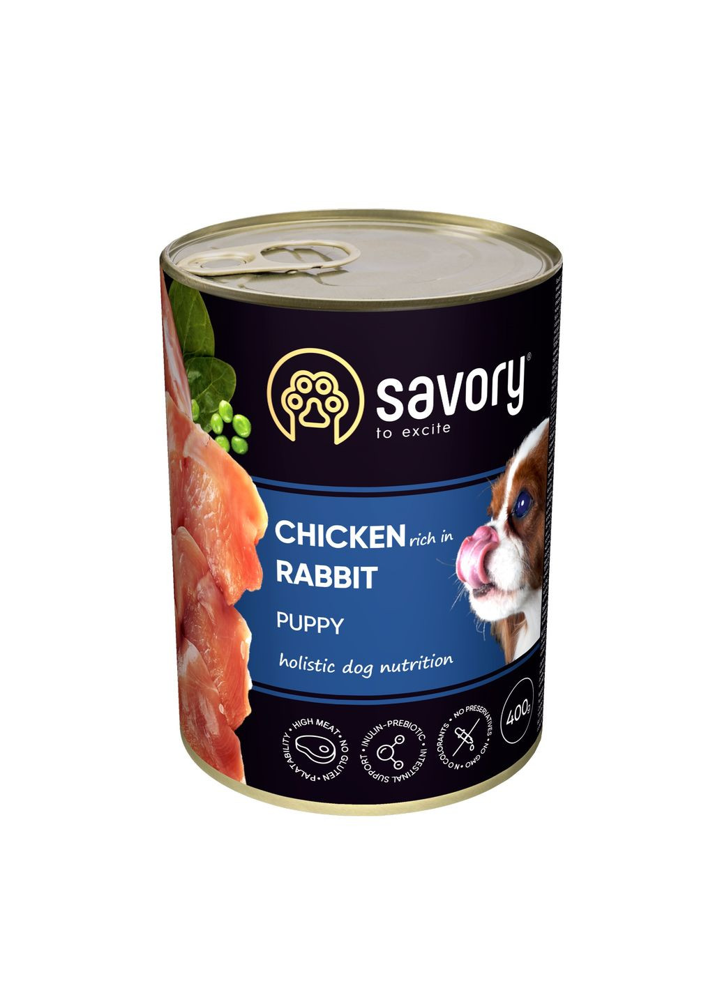 Вологий корм для цуценят з кроликом і куркою 400 г (4820232630587) Savory (364787273)