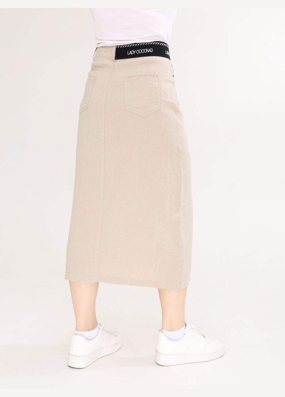 Светло-бежевая повседневная однотонная юбка женская светло-бежевая льняная меди с разрезом большой размер Estensivo карандаш