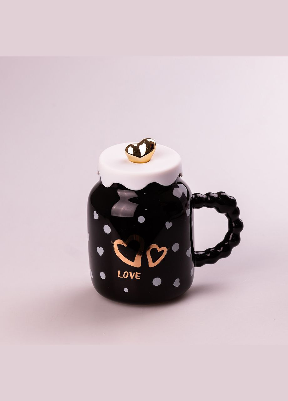 Кружка керамическая 400 мл с крышкой черная в белый горошек Happy Life (315637380)