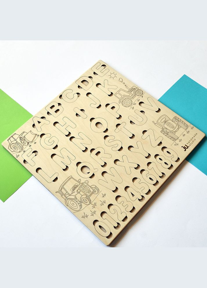 Дерев'яна абетка "Трактори", дитячий алфавіт із дерева, дерев'яні букви-пазли, азбука-сортер АНГЛІЙСЬКА No Brand (301482849)