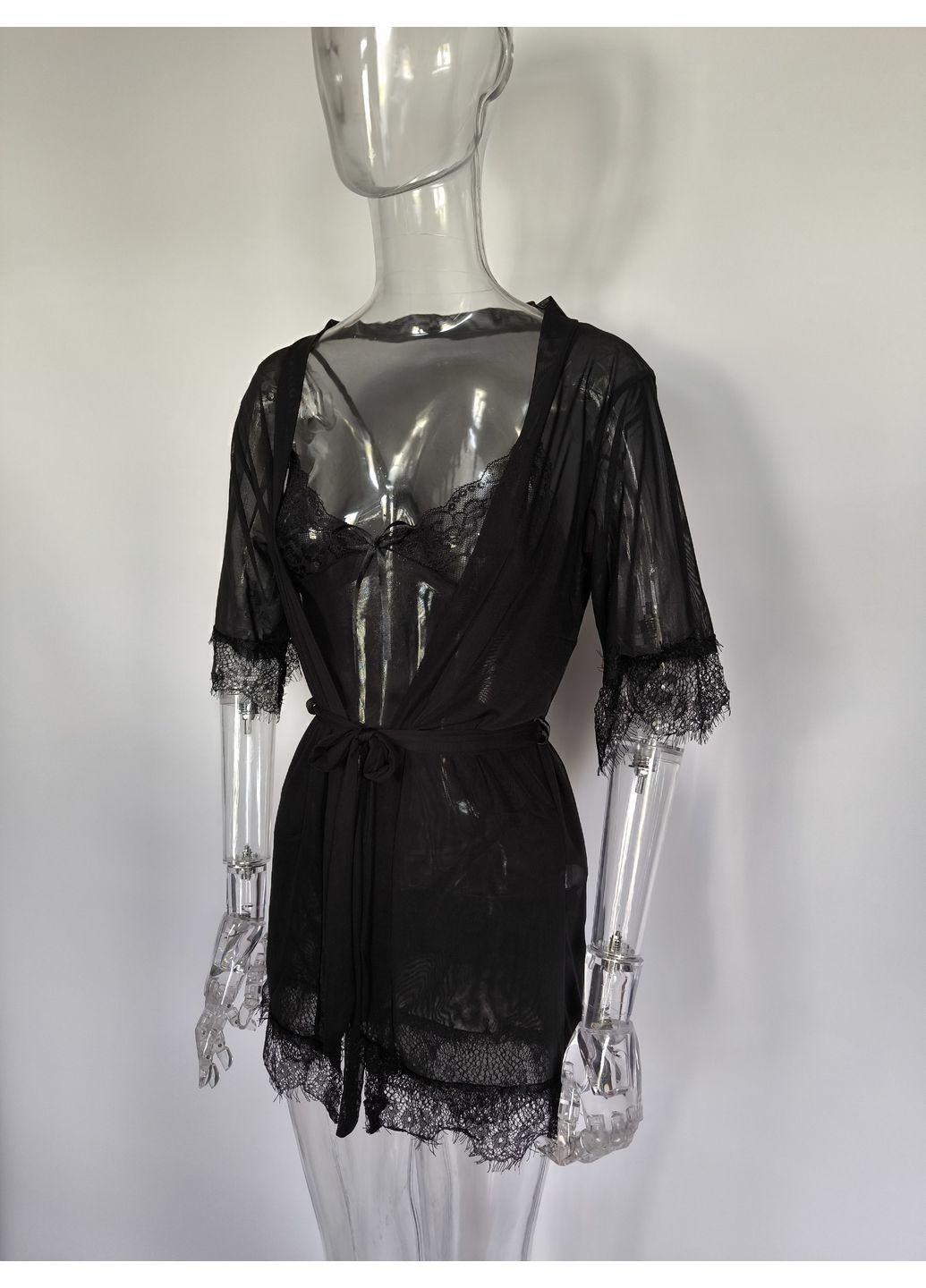 Черный демисезонный эротический кружевной пеньюар feeling комплект (халат пеньюар трусики) черный No Brand Почуття